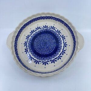 • vintage polish pottery quiche pie plate "peacock circle" pattern handcrafted